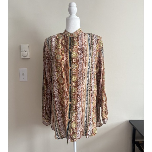 Adolfo Expressions Tops - Vintage 80s Adolfo Expressions Womens Medium SILK Button Up Top Brown Blue